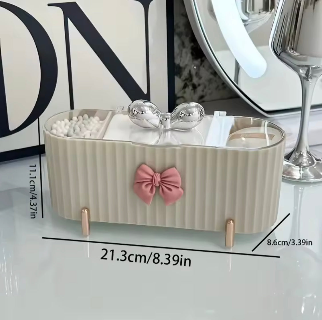 Cute Bow Knot 3 Grid Makeup Organizer, Vanity Mini Cosmetic Organizer, Storage Box For Swabs And Cotton Pad With Lid Cute Bow Knot 3 Grid Makeup Organizer, Vanity Mini Cosmetic Organizer, Storage Box For Swabs And Cotton Pad With Lid
